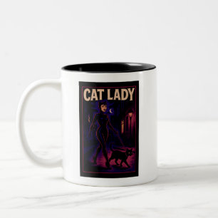 Cat Lady -Cats Art Lover- City Night Comic Graphic Two-Tone Coffee Mug