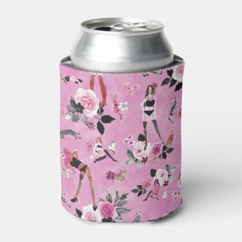 CAT LADY FLORAL Hot Pink Can Cooler