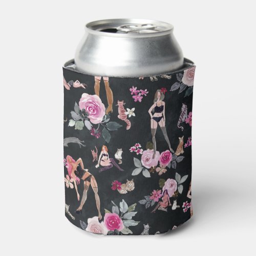 CAT LADY FLORAL Sultry Black Can Cooler