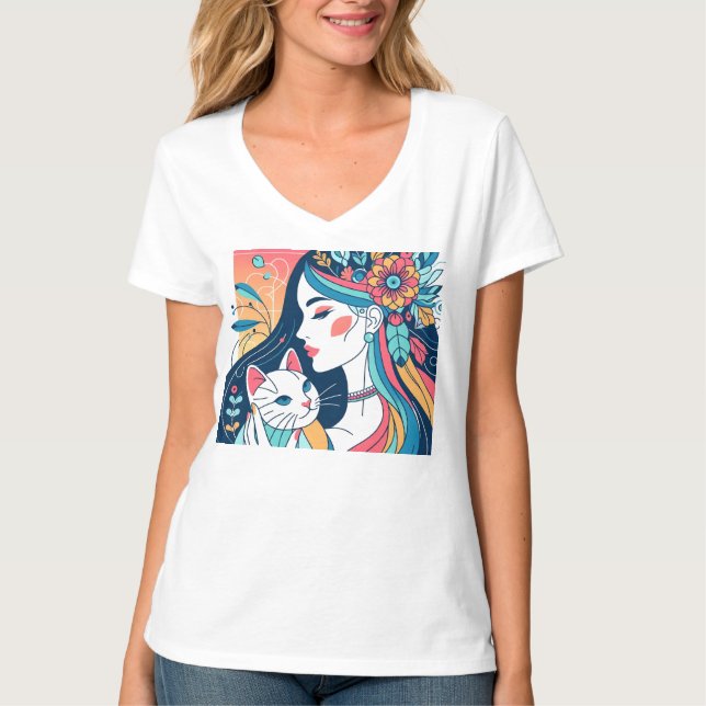 Cat Lady Graphic Illustration T-Shirt (Front)