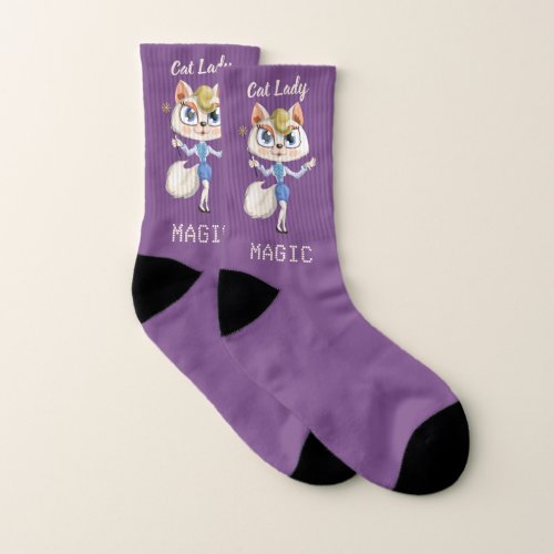 Cat Lady Magic Kitty with Wand Cute Purple Small Socks