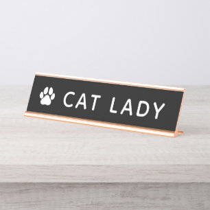 Cat Lady Paw Print Modern Dark Desk Name Plate