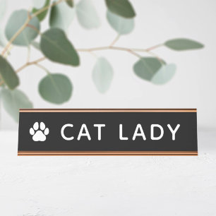 Cat Lady Paw Print Modern Dark Desk Name Plate