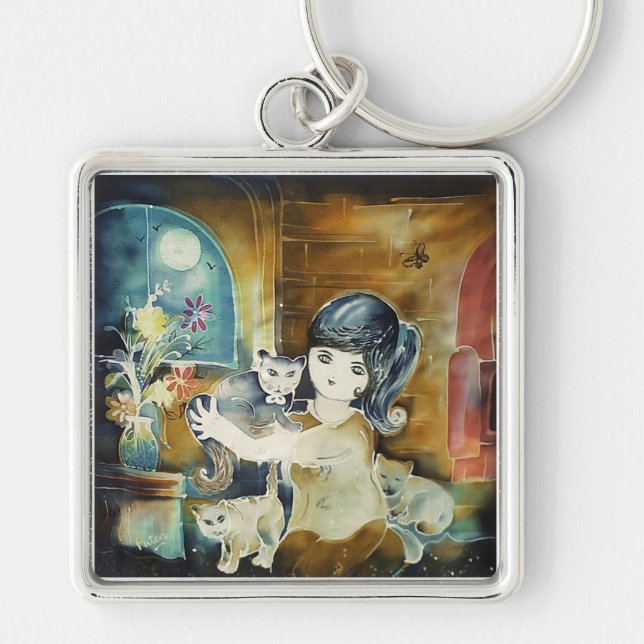 Cat Lady Silk Art Painting Keychain (Front)