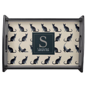 Cat Lady Taupe Watercolor Black Kitty Pattern Serving Tray