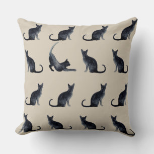 Cat Lady Taupe Watercolor Black Kitty Pattern Throw Pillow