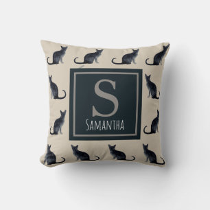 Cat Lady Taupe Watercolor Black Kitty Pattern Throw Pillow