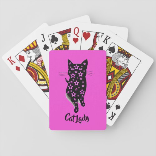 Cat Lady Typography Hot Pink Stars and Black Cat Poker Cards