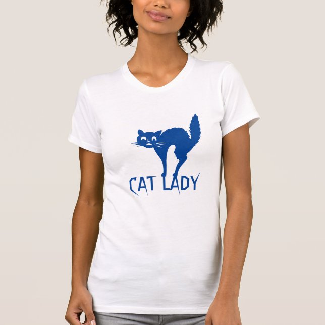 Cat Lady typography spooky funny cute blue cat T-Shirt (Front)