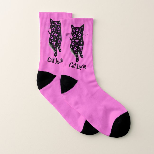 Cat Lady Typography with Pink Stars and Black Cat