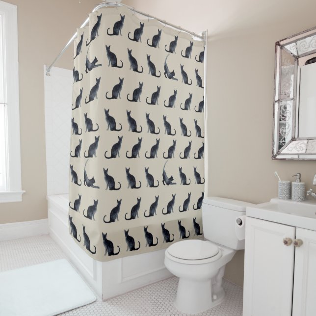 Cat Lady Watercolor Black Kitty Pattern Shower Curtain (In Situ)