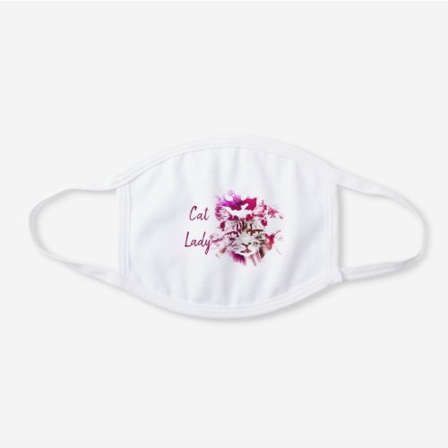 Cat Lady Watercolor Kitty Face in Cranberry Reds White Cotton Face Mask