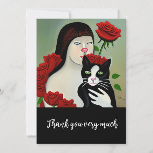 Cat Lady with black and white cat and roses Thank You Card