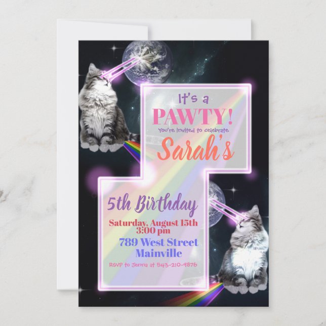 Cat Laser and Rainbow Party Invitation (Front)