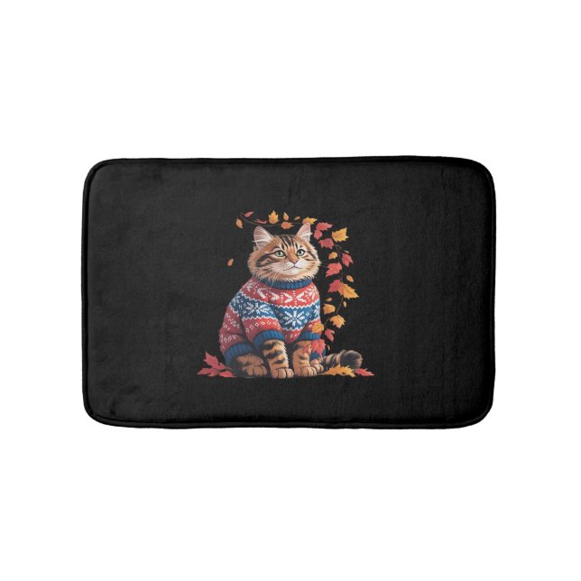 Cat Leaf Fall Hello Autumn Funny Cat Kitten Lover  Bath Mat (Front)