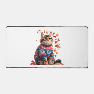 Cat Leaf Fall Hello Autumn Funny Cat Kitten Lover Desk Mat
