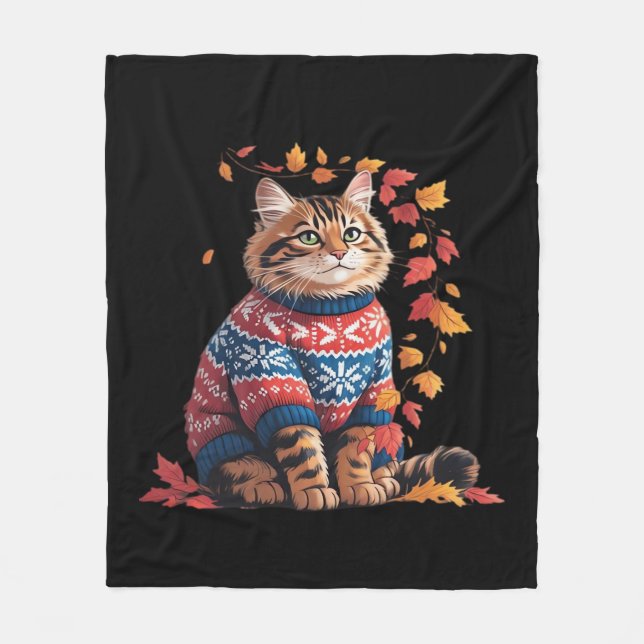Cat Leaf Fall Hello Autumn Funny Cat Kitten Lover  Fleece Blanket (Front)