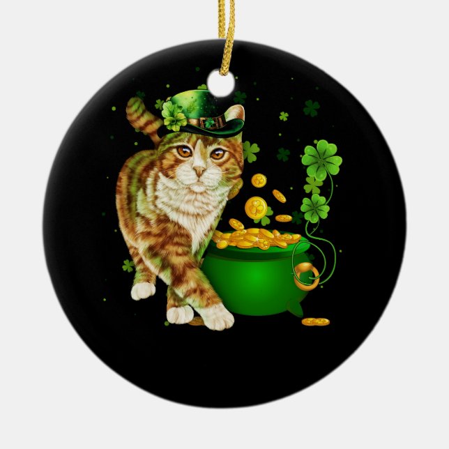 Cat Leprechaun Hat Shamrock St Patrick's Day Gold  Ceramic Ornament (Front)