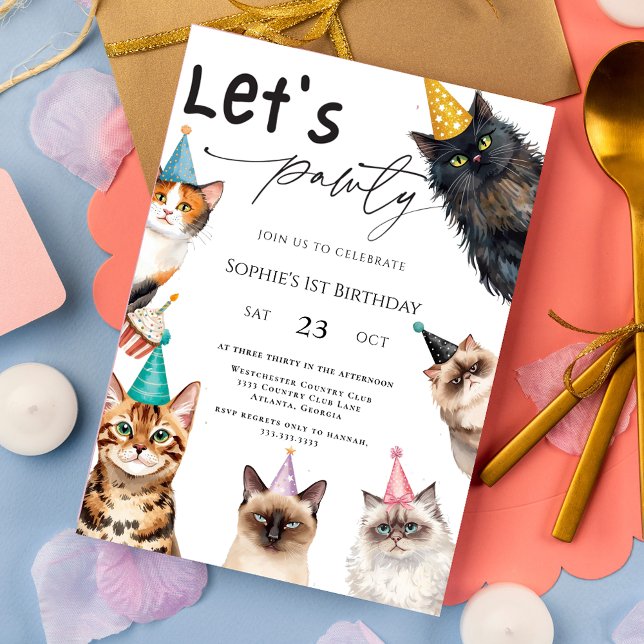 Cat Let's Pawty Kitten Cute 1st Birthday Invitation (Creator Uploaded)