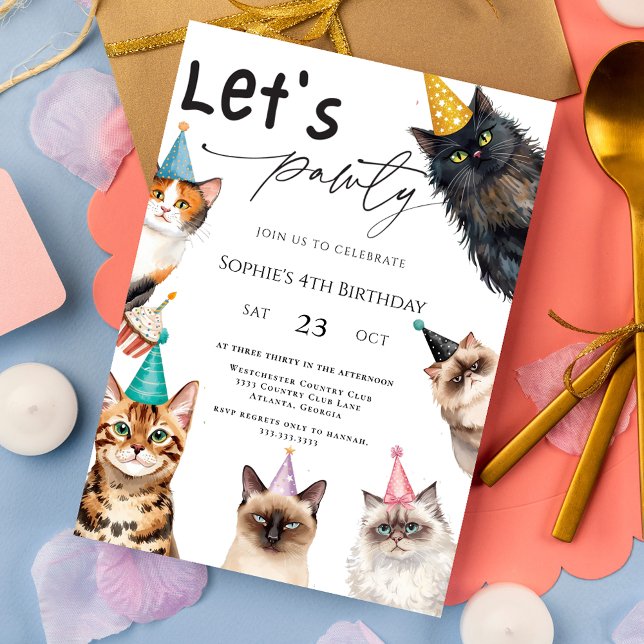 Cat Let's Pawty Kitten Cute 4th Birthday Invitation (Creator Uploaded)