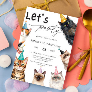Cat Let's Pawty Kitten Cute kitty 10th Birthday Invitation