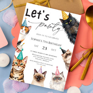 Cat Let's Pawty Kitten Cute kitty 7th Birthday Invitation