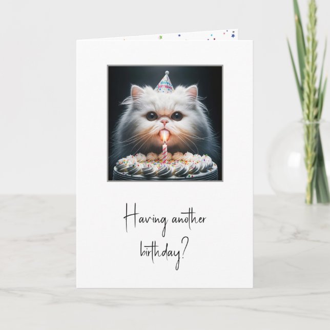 Cat Licking a Birthday Cake Card (Front)