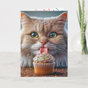 Cat Licking a Birthday Cupcake Card