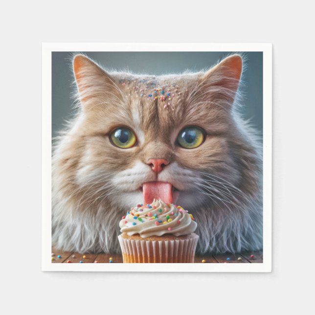 Cat Licking A Birthday Cupcake Napkins (Front)