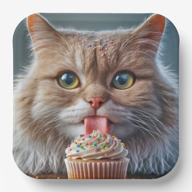 Cat Licking A Birthday Cupcake Paper Plates (Front)