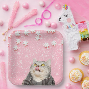 Cat Licking Snowflakes Square Paper Plates