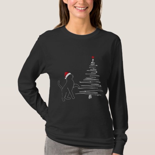 Cat Line Art Christmas Tree Cute X_Mas Pajama T_Shirt