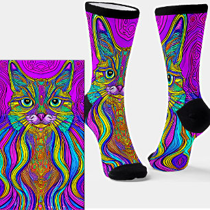 Cat Line Illustration Blue & Yellow Cat on Purple Socks