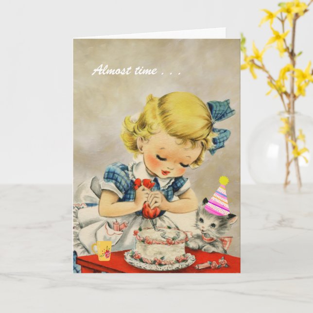Cat Little Girl Baking Cake Happy Birthday Card (Yellow Flower)