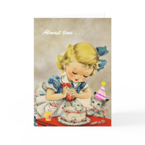 Cat Little Girl Baking Cake Happy Birthday Card