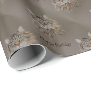 cat, longcoat tabby Happy Birthday Wrapping Paper