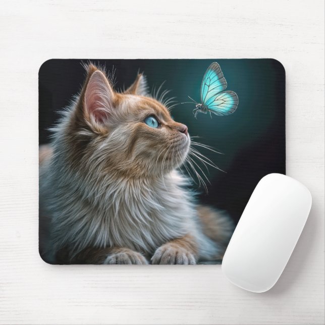 Cat Looking at a Neon Butterfly Mouse Pad (With Mouse)