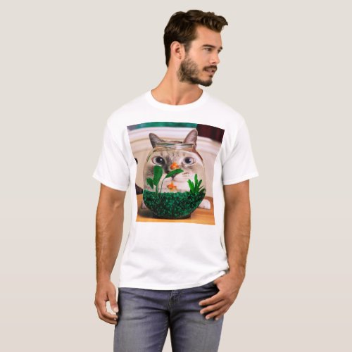 Cat looking at fish in aquarium T_Shirt