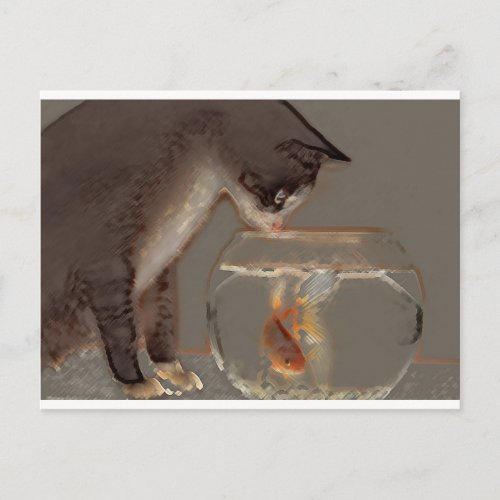 Cat Looking at Goldfish Bowl Postcard