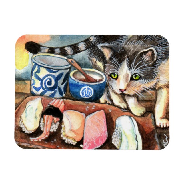 Cat Looking at Sushi Magnet (Horizontal)