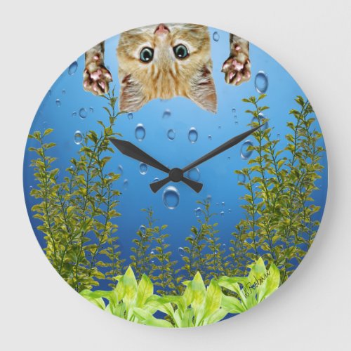 Cat Looking Inside Fish Tank Funny Large Clock