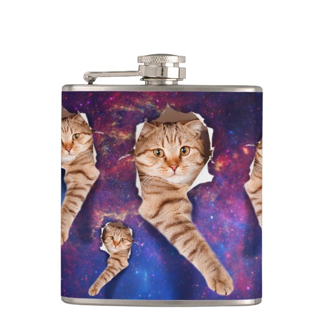 Cat looking up in space side torn hole flask (Front)