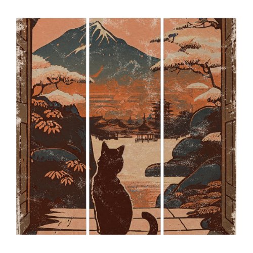 Cat looks at Japanese mountains Triptych