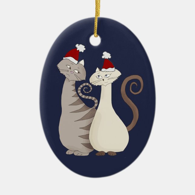 Cat Love Couple Blue Ceramic Ornament (Front)