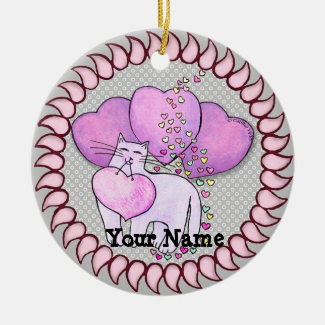 Cat Love Heart Ceramic Ornament (Front)