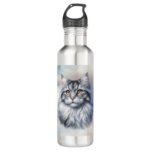 Cat Love long haired beauty in watercolor Stainless Steel Water Bottle