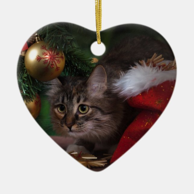 Cat love Merry Christmas Ceramic Ornament (Front)