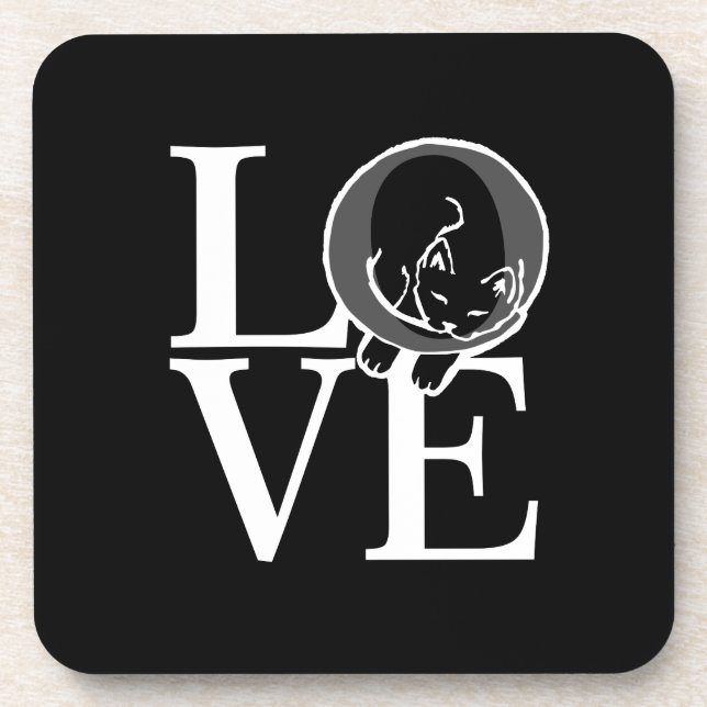 Cat Love on Black Decor Beverage Coaster (Front)