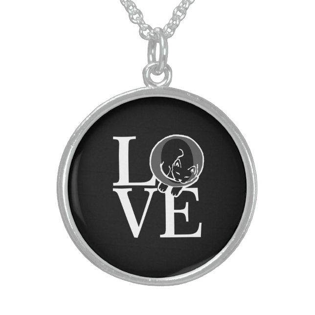 Cat Love on Black Sterling Silver Necklace (Front)