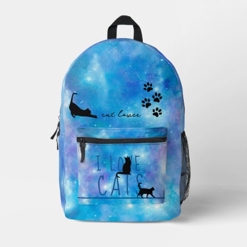 Cat Lover Blue Watercolor Galaxy Kids Printed Backpack